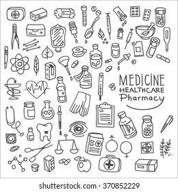 Health Care And Medicine Doodle Icon Set, Vector Illustration