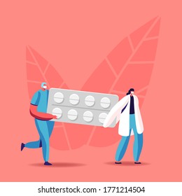 Health Care and Medicine Drugs Industry Concept. Tiny Pharmacist Characters Carry Huge Medication Blister in Pharmacy or Drugstore. Chemist with Remedy Production. Cartoon People Vector Illustration