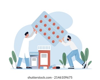 Health Care and Medicine Drugs Industry Concept. Male doctors carry large blister with pills. Pharmacists in medicine store. Treatment and prevention of diseases. Cartoon flat vector illustration