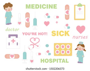 Health care and medicine elements set in cartoon style. Vector doodle illustration.