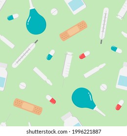 Health care and medicine elements set in cartoon style. Vector illustration on green background.