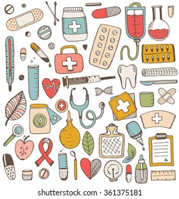 Health care and medicine elements set. Vector sketch illustration. 