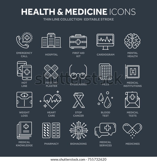 Health care,\
medicine. First aid. Medical blood tests and diagnostic. Heart\
cardiogram. Pills and drugs.Thin line web icon set. Outline icons\
collection.Vector\
illustration.