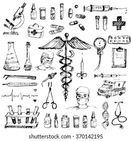 Health care and medicine hand drawn set, Vector sketch illustration.