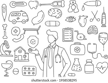 Health Care And Medicine Icon Set. Hand Drawn Medicine. Concept Of Online Medical Consultation For Web Banners, Hero Images, Printed Materials. Medical Scetch Collection. Doodle Drawing. Pharmacy.