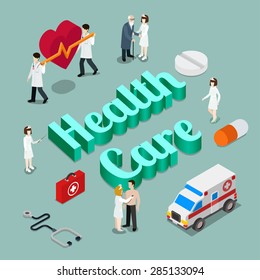 Health Care Medicine Modern Lifestyle Flat 3d Web Isometric Infographic Vector. Young Micro Male Female Group Healthcare Medical Workers Ambulance Emergency On Huge Letters. Creative People Collection