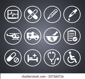 Health care and Medicine on Grey Round Buttons