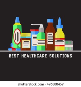 Health care medicine pills drugs flat modern vector illustration