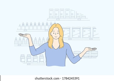 Health, care, medicine, presentation, advertisement, pharmacy concept. Young happy smiling woman girl cartoon character presenting drugstore and looking at camera. Demonstration of drugs or medication