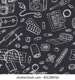 Health care and medicine seamless pattern. Sketches. Hand-drawing. Vector illustration of for design and packages product. Vector Illustration.