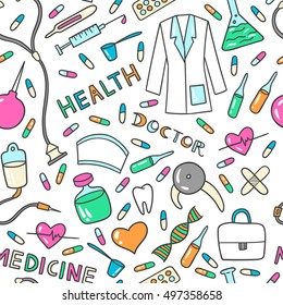 Health care and medicine seamless pattern. Vector illustration of medical supplies and pharmacy icons.