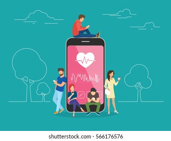 Health Care Mobile App Concept Illustration. Young Men And Women Are Standing Near Big Smartphone And Using Their Own Smart Phones For Tracking Heart Beating Data And Getting Information Of Pulse Rate