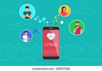 Health care mobile app concept design. Flat vector illustration of young men and women in circle icons using smartphone mobile app for tracking heart beating data and getting information of pulse rate