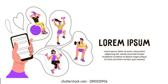 Health care mobile app for sport and fitness tracking, cartoon vector illustration. Banner with hand of person choosing sport training on mobile phone.