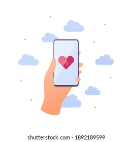 Health care monitor app concept. Vector flat illustration. Hand holding smartphone with heart shape with heartbeat symbol on mobile phone screen. Design element for ehealth, telehealth, medicine.