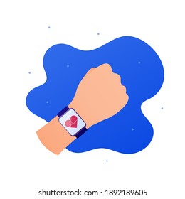Health care monitor app concept. Vector flat illustration. Hand with smart watch with heart shape and heartbeat symbol on screen. Design element for ehealth, telehealth, medicine.