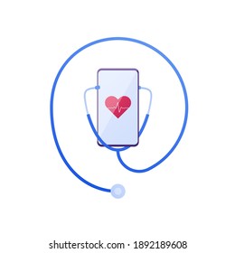 Health care monitor app concept. Vector flat illustration. Smartphone with heart shape and heartbeat symbol on mobile phone screen and stethoscope. Design element for ehealth, telehealth, medicine.