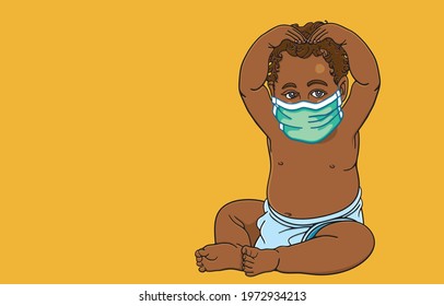 Health care of naughty and healthy african american baby to grow and strong healthy during the Coronavirus Outbreak Concept. Illustration, line, art, graphic in vector isolated on background.