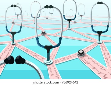 Health Care Network And Medical Information Exchange Concept. Vector Of A Group Of Connected Stethoscopes Through Cardiogram 