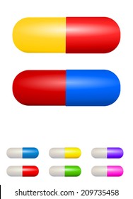 Health care objects, medicine concept - Group of colorful shiny vitamin capsule and pill set. Realistic design, vector art image illustration, isolated on white background