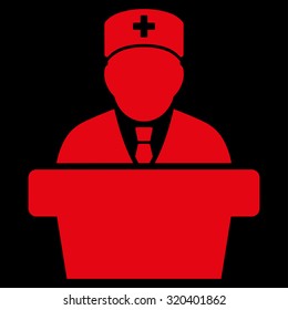 Health Care Official vector icon. Style is flat symbol, red color, rounded angles, black background.