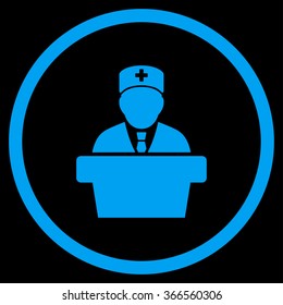 Health Care Official vector icon. Style is flat circled symbol, blue color, rounded angles, black background.