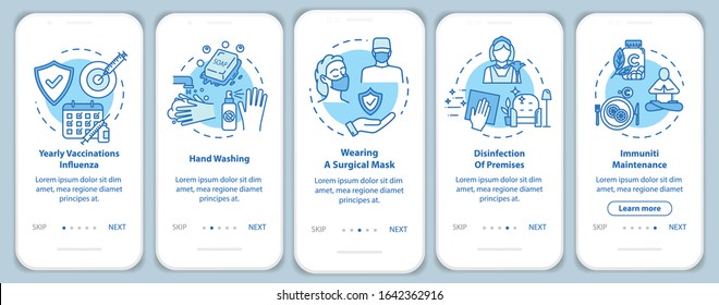 Health care onboarding mobile app page screen with concepts. Influenza, flu. Regular disinfection walkthrough 5 steps graphic instructions. UI vector template with RGB color illustrations