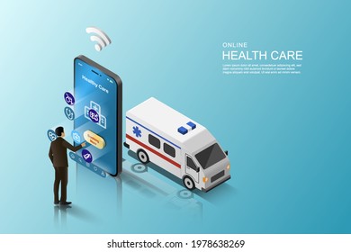 Health care online concept. A man calling an ambulance on Smartphone. Ambulance emergency service online on mobile application. Healthcare and medical.