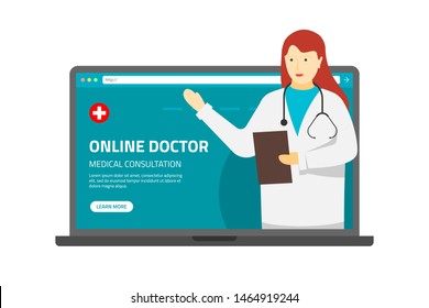 Health care online consultation conceptual banner. Medical internet assistance. Female doctor consultant gives medicine information. Patient uses laptop for online diagnostics. Vector illustration