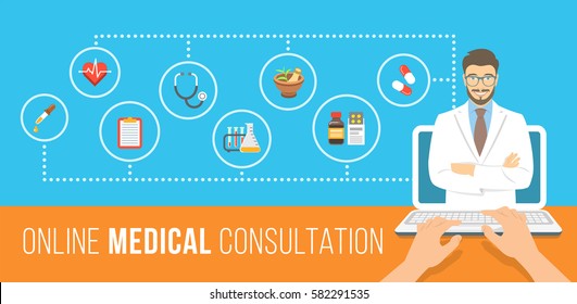 Health care online consultation flat conceptual banner. Medical assistance by internet. Male doctor consultant gives information about medicines. Patient uses computer for online diagnostics