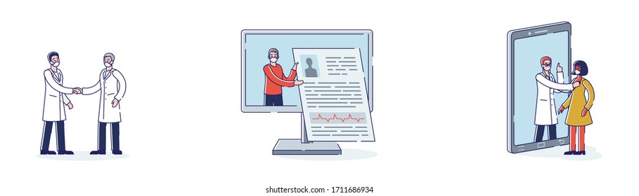 Health Care, Online Medicine Concept. People Visit Doctors Online. Patients Communicate With Doctors On Video Use Medical Apps on Mobile Devices. Cartoon Linear Outline Flat Vector Illustrations Set