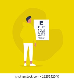 Health care and ophthalmology, Young male character looking at the eye test chart, Patient at the oculist appointment