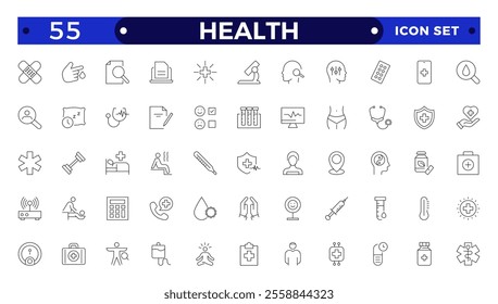 Health Care outline icon set. Medicine and Health Care linear icon collection. Containing emergency, doctor, treatment, medical, report, diagnosis, health, prevention. virtual, computing, online.
