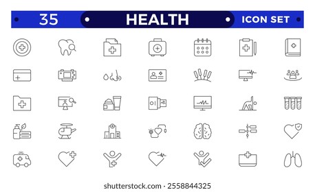 Health Care outline icon set. Medicine and Health Care linear icon collection. Containing emergency, doctor, treatment, medical, report, diagnosis, health, prevention. virtual, computing, online.
