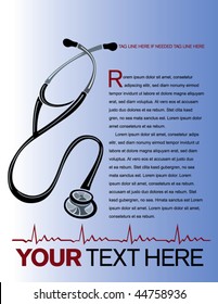 Health care page layout with stethoscope and heart graph.