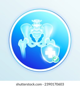 Health care pelvis bone human internal organs. Medical symbol cross in blue shield and check mark in green button. Labels for design food and pharmaceutical business products. Vector EPS10.
