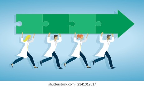Health care people, doctors, scientist running with puzzle arrow. Vector illustration.