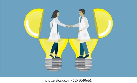 Health care people, researcher or scientists shaking hand, standing in light bulbs. Vector illustration.