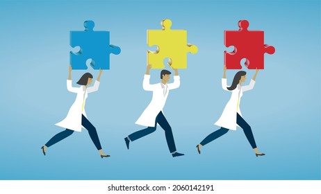 Health care people running with puzzle pieces. Vector illustration. Dimension 16:9.