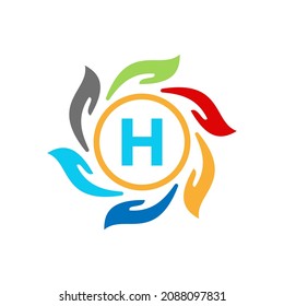 Health Care, Pharmacy, Medical Logo Design On Letter H. Charity Hand, Hand Care, Foundation Logotype With H Letter Vector Template