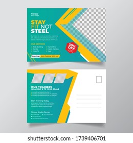 Health Care Postcard Template Design, gym postcard, corporate design, paint template, business template postcard and presentation vector illustration.