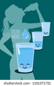 Health care poster. Drinking woman and cute glasses of water. Vector illustration. Text Drink more water.