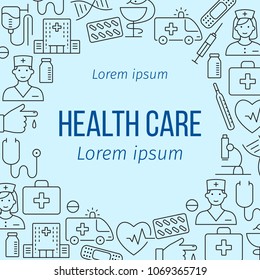Health care poster with flat line icons of medicine and health symbols vector illustration. Colorful template for clinic website media print. Framed circle with place for text