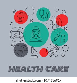 Health care poster with flat line icons of medicine and health symbols in circles. Colorful template for info graphic clinic website media print vector illustration. Isolated on grey background