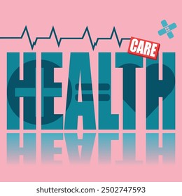 Health care poster. Vector poster on a social theme. Word health care on pink background with reflection.