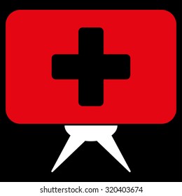 Health Care Presentation vector icon. Style is bicolor flat symbol, red and white colors, rounded angles, black background.