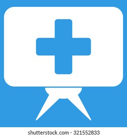 Health Care Presentation vector icon. Style is flat symbol, white color, rounded angles, blue background.