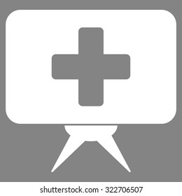 Health Care Presentation vector icon. Style is flat symbol, white color, rounded angles, gray background.