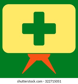 Health Care Presentation vector icon. Style is bicolor flat symbol, orange and yellow colors, rounded angles, green background.