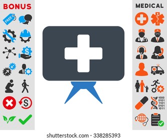 Health Care Presentation vector icon with bonus. Style is bicolor flat symbol, smooth blue colors, rounded angles, white background.